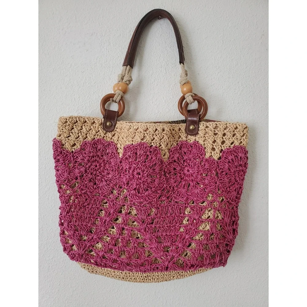 Fossil Straw Crochet Tote Shoulder‎ Bag Pink Beige Wood Beaded Boho Vacation